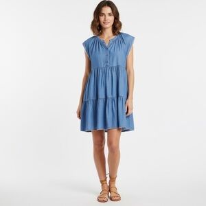 Current Air Anthropologie Blue Chambray Dress Tired Sleeveless Sz L Embroidered